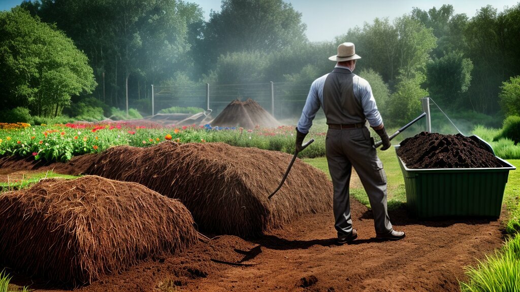 man turning over compost pile