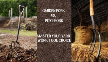 A split-image graphic comparing a garden fork and a pitchfork. On the left, a garden fork with four tines is partially embedded in a pile of dark compost or mulch in a garden setting with a green hedge in the background. On the right, a pitchfork with four curved tines leans against stacked bales of hay in a barn or shed. The center panel displays the text 'GARDEN FORK VS. PITCHFORK' in bold white letters, followed by 'MASTER YOUR YARD WORK TOOL CHOICE' in smaller white letters below. The background of the center panel is a textured brown, resembling soil. The image is designed to compare the two tools and guide the viewer in making the right choice for their yard work.