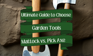 "Ultimate Guide to Choose Garden Tools: Mattock vs. Pick Axe" text overlay on a close-up image of a mattock and pick axe resting against a textured stone surface.