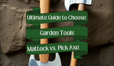 "Ultimate Guide to Choose Garden Tools: Mattock vs. Pick Axe" text overlay on a close-up image of a mattock and pick axe resting against a textured stone surface.