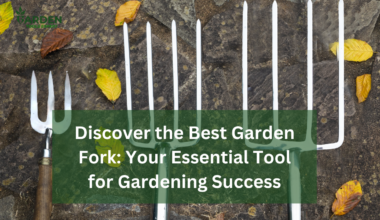 A close-up shot of several garden forks laid out on a stone surface with scattered autumn leaves. The text "Discover the Best Garden Fork: Your Essential Tool for Gardening Success" is overlaid on the image in a dark green box.