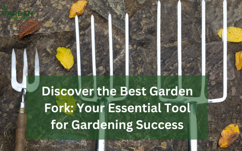 A close-up shot of several garden forks laid out on a stone surface with scattered autumn leaves. The text "Discover the Best Garden Fork: Your Essential Tool for Gardening Success" is overlaid on the image in a dark green box.