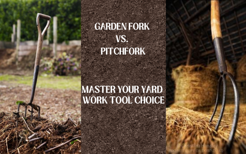 A split-image graphic comparing a garden fork and a pitchfork. On the left, a garden fork with four tines is partially embedded in a pile of dark compost or mulch in a garden setting with a green hedge in the background. On the right, a pitchfork with four curved tines leans against stacked bales of hay in a barn or shed. The center panel displays the text 'GARDEN FORK VS. PITCHFORK' in bold white letters, followed by 'MASTER YOUR YARD WORK TOOL CHOICE' in smaller white letters below. The background of the center panel is a textured brown, resembling soil. The image is designed to compare the two tools and guide the viewer in making the right choice for their yard work.