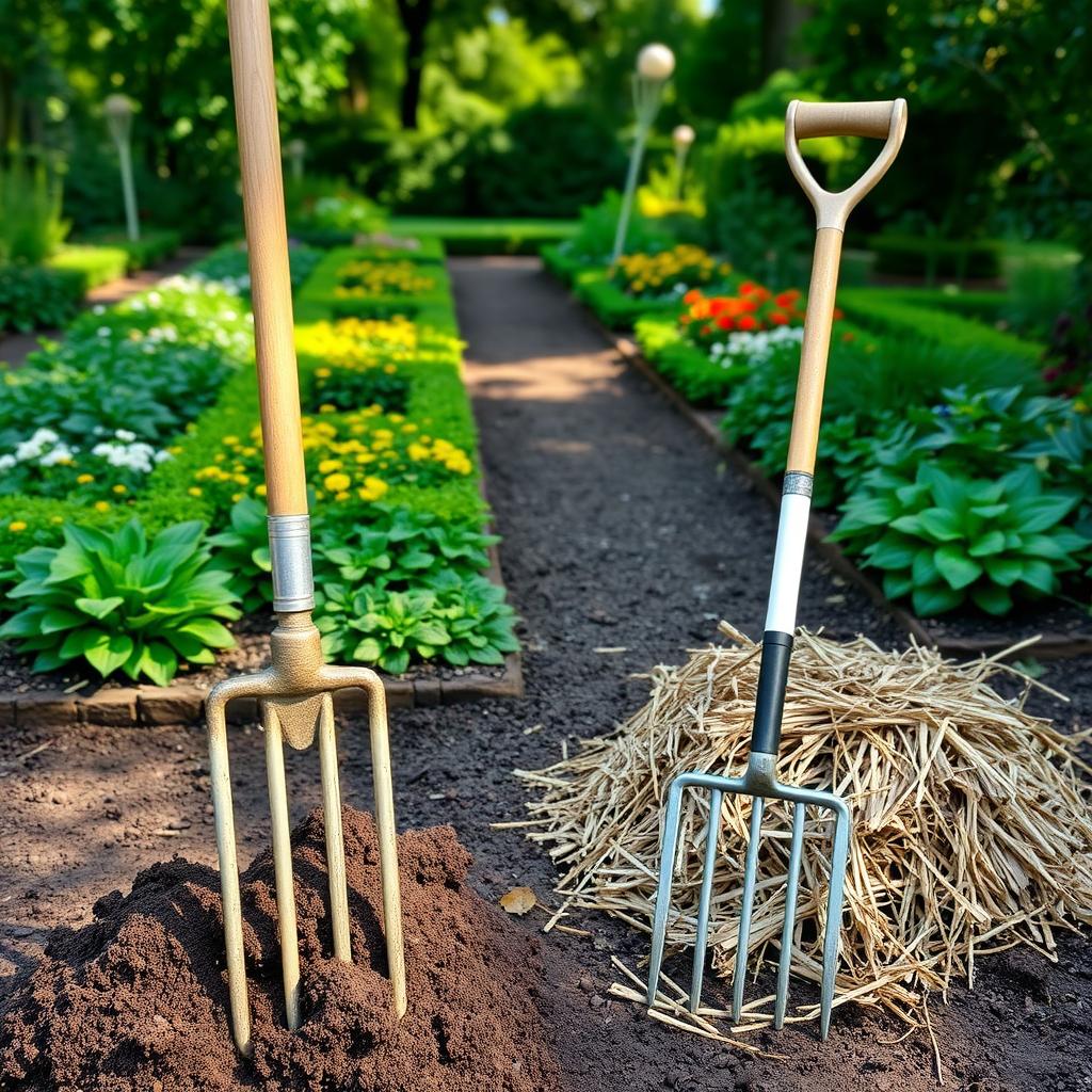 A garden fork with four tines is partially in dark soil on the left. On the right, a pitchfork with wider tines rests near a pile of straw. Both tools have wooden handles. They are positioned on a soil path in a lush garden with flowers and hedges. The bright, natural light highlights the tools and garden setting.
