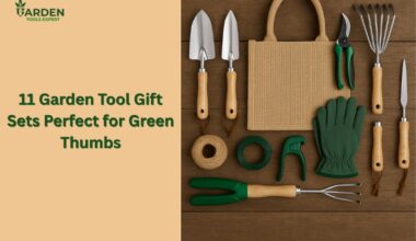 Garden tools placed on a wooden background