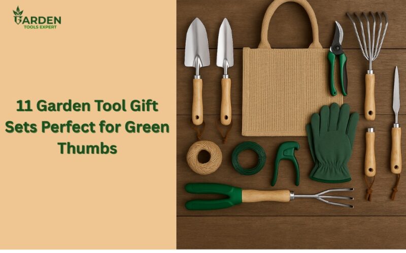 Garden tools placed on a wooden background