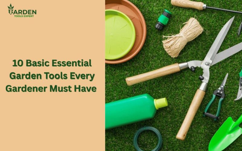 Garden tools on green grass