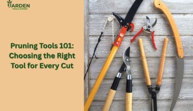 Different pruning tools placed on a wooden platform