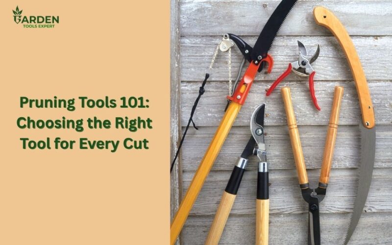 Different pruning tools placed on a wooden platform