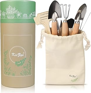 a compact garden tool gift set; grden tools in a small cream bag beside a container