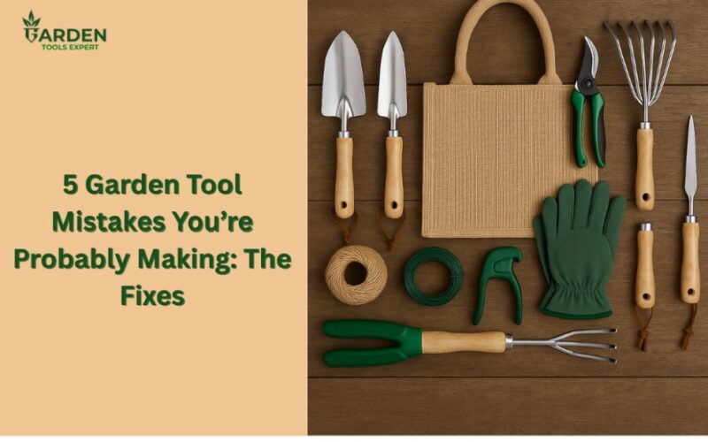 Garden tools placed on a wooden background