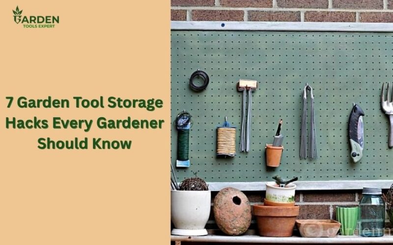 A pegboard with garden tools