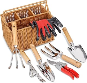 gardentool gift set; wicker garden basket, gloves garden fork, weeder, hand trowel, shear, hand fork, hand spade