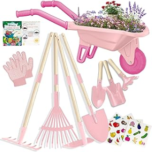 Kiid's garden tool gift set; a wheel barrow, two rakes, shovel, trowel, gloves in pink colors