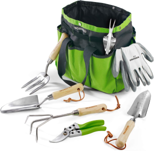 garden tool gift sets; a green garden bag with silver glove in one of its side pouch, a garden fork, hand trowel, cultivator, shears and a small spade from left to right at the front of the bag